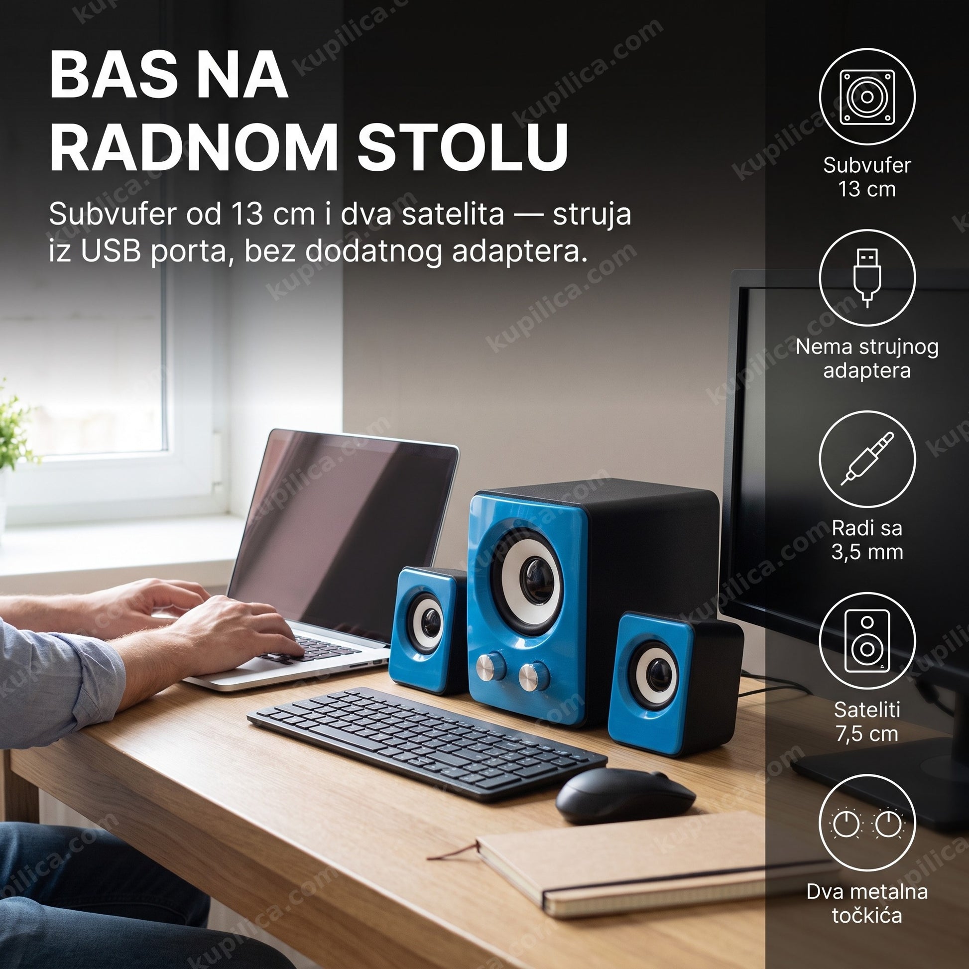 Osoba radi na laptopu pored zvučnika FT-202 sa subvuferom na stolu