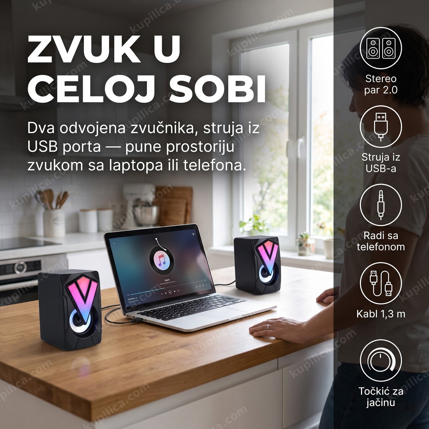 Osoba sluša muziku sa laptopa preko zvučnika K-2039 u kuhinji